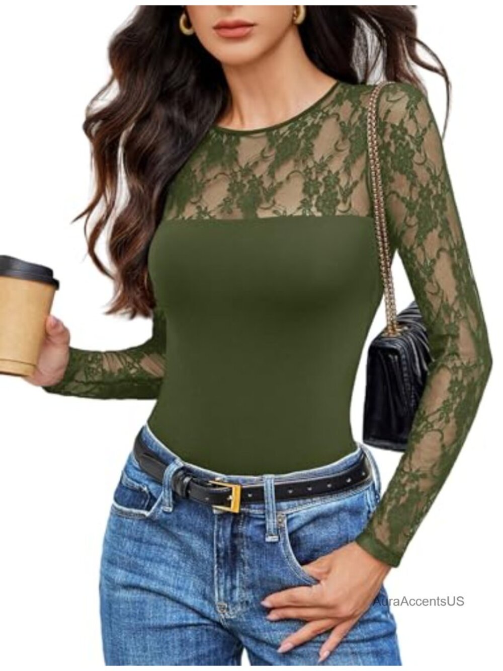 Lace Long Sleeve Bodysuit Women Crew Neck Thong Back Snap Closure